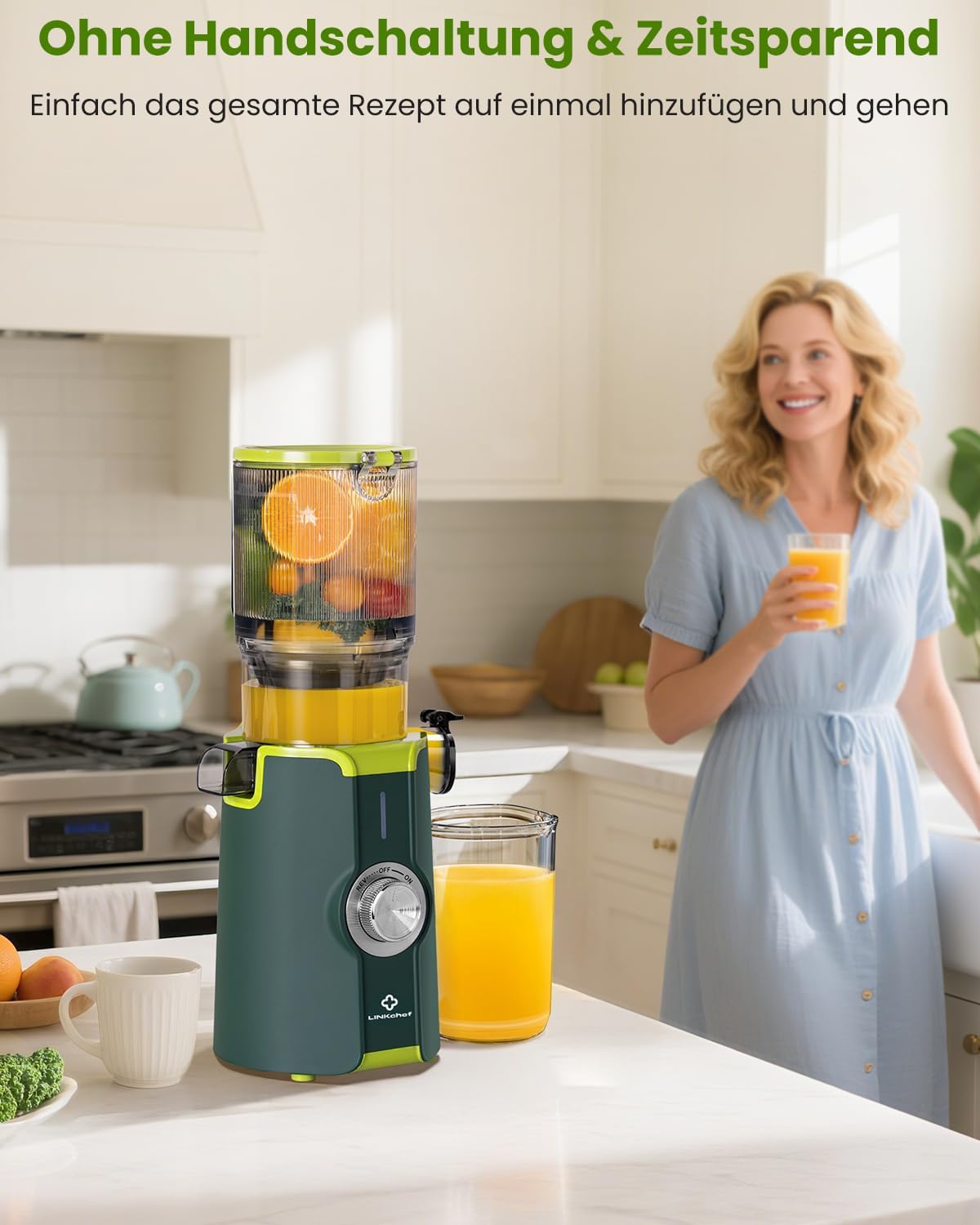 LINKChef Entsafter Slow Juicer, Entsafter Gemüse und Obst Testsieger mit 115 mm großem, Entsafter Kaltentsafter für ganze Früchte/Gemüse, Blitzreiniger, Einfacher Installation, BPA Frei, 200w Grün
