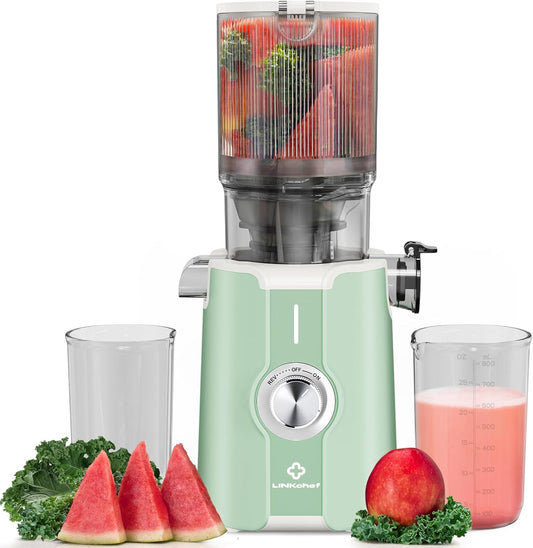 LINKChef Entsafter Slow Juicer, Entsafter Gemüse und Obst Testsieger mit 115 mm großem, für ganze Früchte/Gemüse, Blitzreiniger, Einfacher Installation, BPA Frei, 200w hellgrün